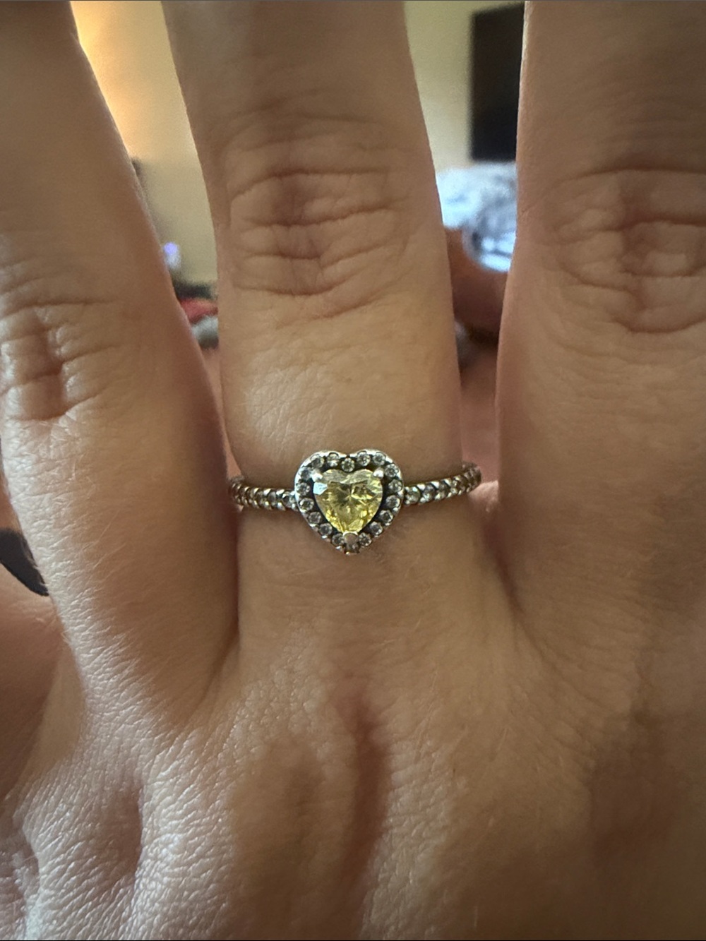 Pandora Silver Heart Ring with Yellow Gemstone